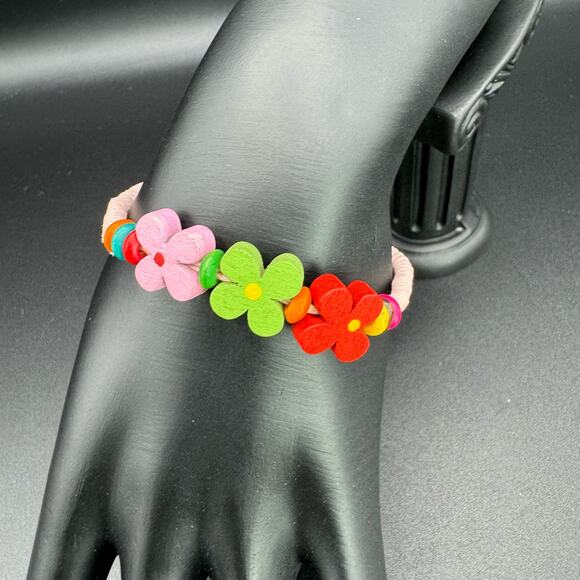 New Girls Multicolored Wood Flower Beads Adjustable Twine Friendship Bracelet - Picture 1 of 6